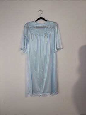 VTG 70s Nancy King Lingerie Baby Blue Satin Lace Peignoir Sz M